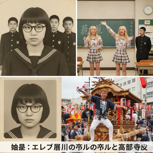 エルフ荒川さんの卒業アルバム写真と、だんじり祭りに参加する父親の画像