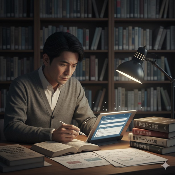 書斎で多くの本に囲まれながら、男性がタブレットと書物を照らし合わせて言葉の意味や倫理について真剣に調査している。
