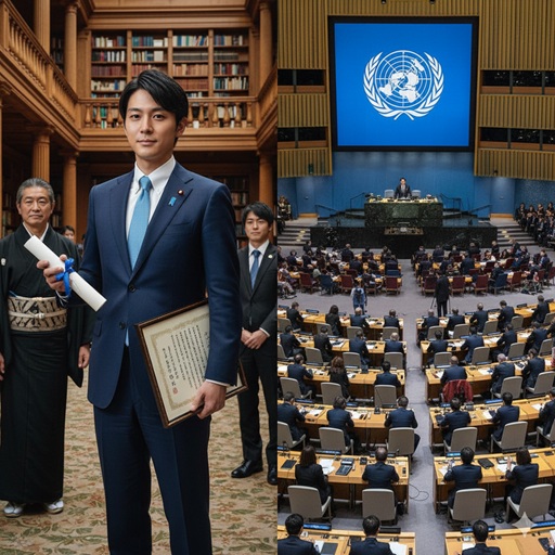 「日本の若き指導者をテーマにした2枚組の画像。左側は、日本の国旗バッジをつけたスーツ姿の青年が書斎で賞状を手に立つ姿。右側は、その青年が国連総会の議場で演説する様子を捉えたもの。」