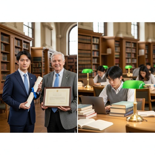 コロンビア大学院の卒業証書を持つ日本人男性と、図書館で勉強する学生たち。進次郎氏の学歴と学習の様子を連想させる画像です。