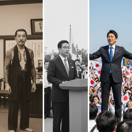 「ある政治家のルーツを物語る3枚組の画像。左のセピア写真には刺青を入れた男性、中央の白黒写真には若き日の政治家、そして右のカラー写真では、多くの支持者を前に演説する現在の姿が写されている。」