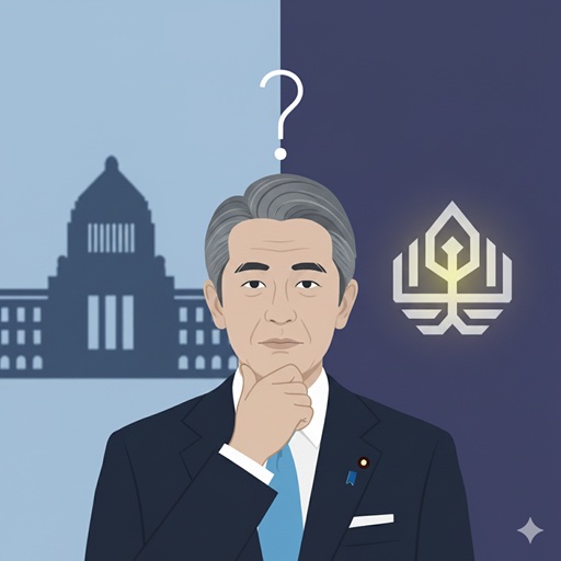 船田元議員と宗教団体との関係性について、国会議事堂を背景に疑問を投げかけるイメージ画像。