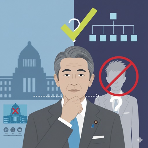 船田元議員の後継者問題について、息子のシルエットにバツ印が描かれたイメージイラスト。