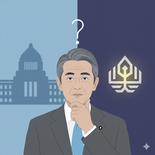 船田元議員の背景に国会議事堂と光る宗教団体のシンボルが描かれ、関係性を問うイラスト。