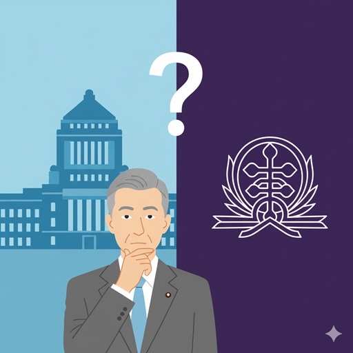 国会議事堂と宗教団体のシンボルの間で、疑問符を浮かべながら考え込む船田元議員のイメージイラスト。