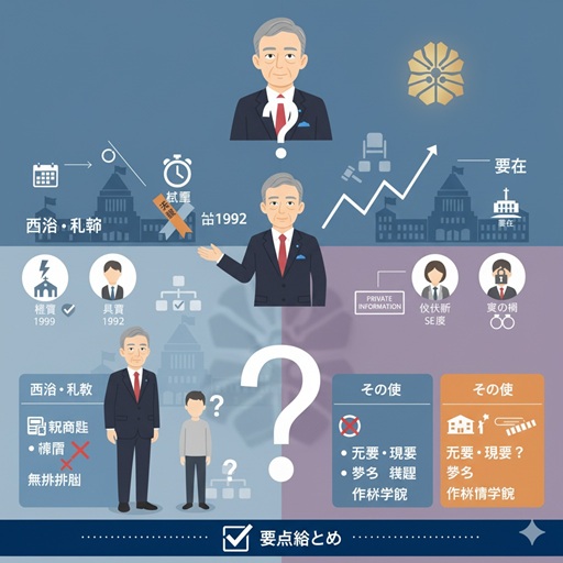 船田元氏の経歴、家族構成、そして宗教問題の要点をまとめたインフォグラフィック風のイラスト。