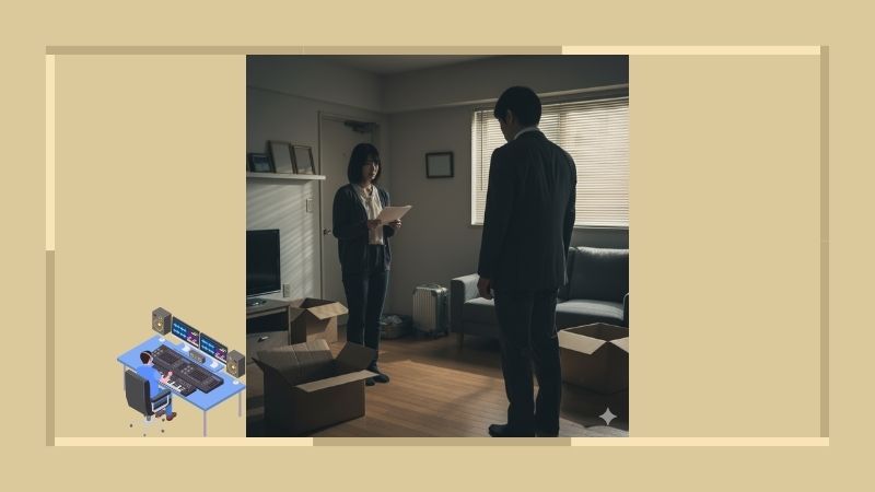 薄暗い部屋の中で、スーツ姿の男性と私服の女性が深刻な面持ちで向かい合っている。床には荷造り途中の段ボール箱が置かれ、二人の間に漂う緊張感を暗示している。