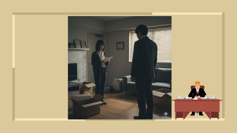 薄暗い部屋の中で、スーツ姿の男性と私服の女性が深刻な面持ちで向かい合っている。床には荷造り途中の段ボール箱が置かれ、二人の間に漂う緊張感を暗示している。