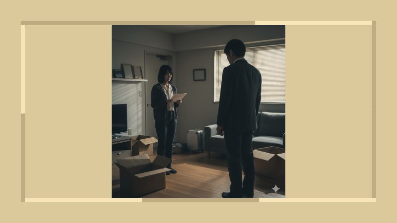 薄暗い部屋の中で、スーツ姿の男性と私服の女性が深刻な面持ちで向かい合っている。床には荷造り途中の段ボール箱が置かれ、二人の間に漂う緊張感を暗示している。