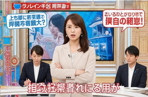 スタジオで他の男性パネリストと共に、腕を組んでコメントする金子恵美さん