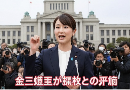 国会議事堂を背景に、報道陣の前で演説する金子恵美さん