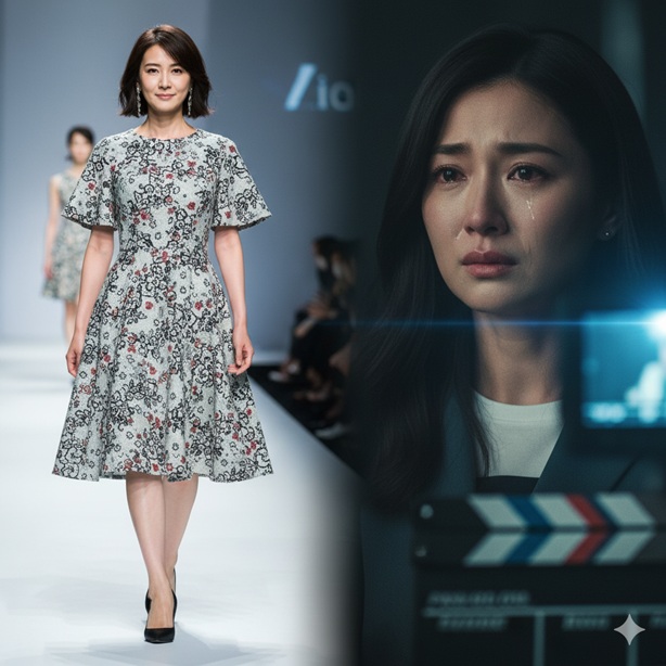 ファッションショーで歩く姿と、映画撮影で涙を流す女優のコラージュ画像