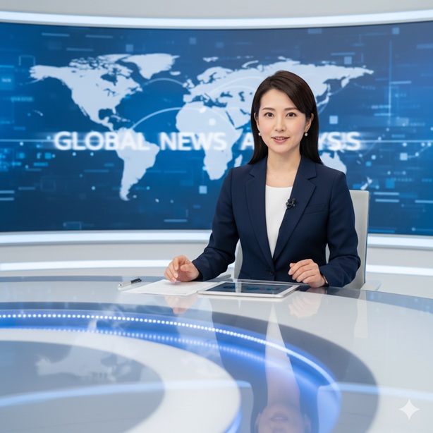 ニュース番組のキャスター席に座る女性コメンテーター
