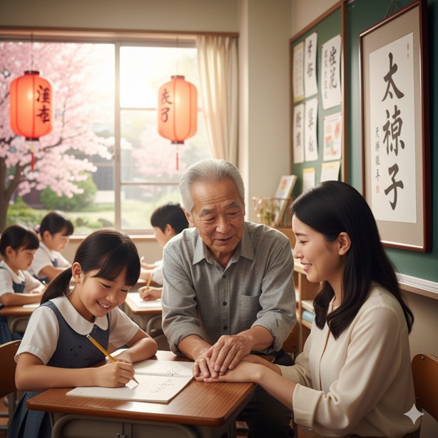 日本の教室で祖父と先生に見守られながら勉強する女の子