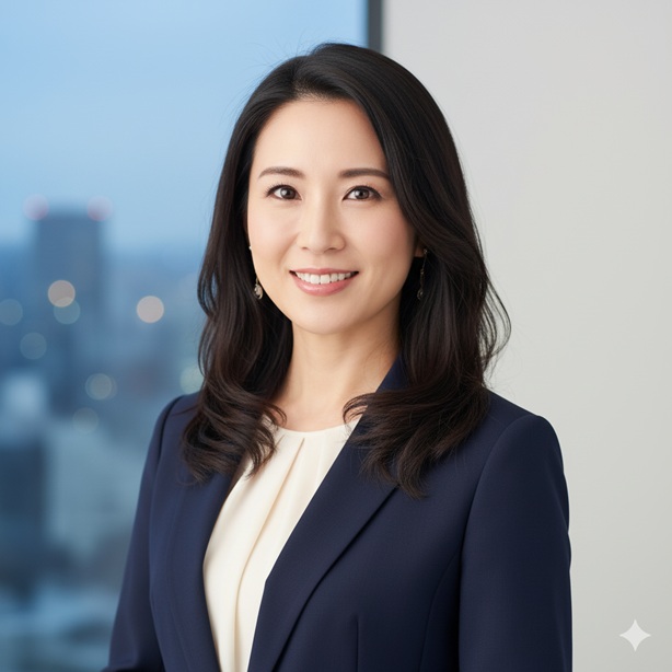 オフィスビルを背景に微笑むスーツ姿の女性