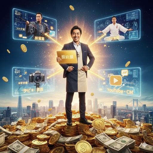アンジャッシュ児嶋さんの収入源を分析するイメージ画像。テレビ、CM、YouTube、俳優業など、複数の収入源がパネルで示されている。