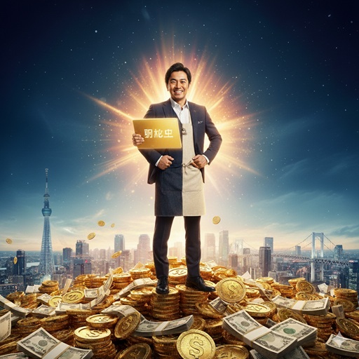 アンジャッシュ児嶋さんの年収と成功を総括するイメージ画像。後光が差す中で、お金の山の上に自信を持って立っている。