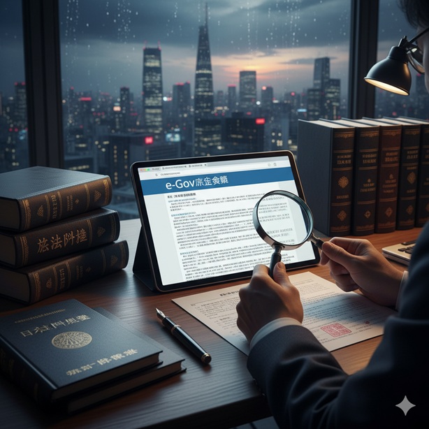 夜景の見えるオフィスで、法律書に囲まれながらタブレットに表示されたe-Gov法令検索のページを虫眼鏡で確認する人物。