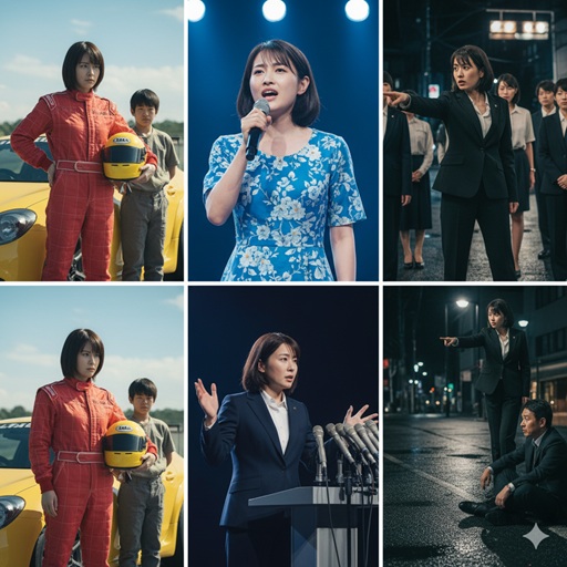 三原じゅん子氏の多様な経歴を示すコラージュ画像。レーサー、歌手、政治家として活動する女性のイメージ。
