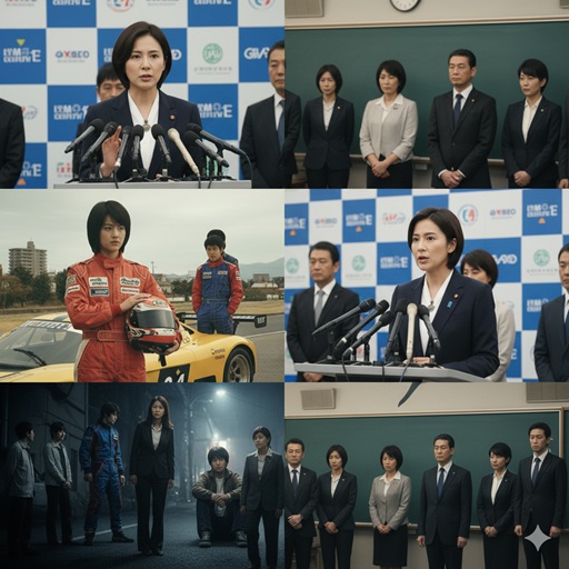 原じゅん子氏の経歴。政治家としての記者会見の様子や、レーシングドライバー時代の姿をまとめた画像。