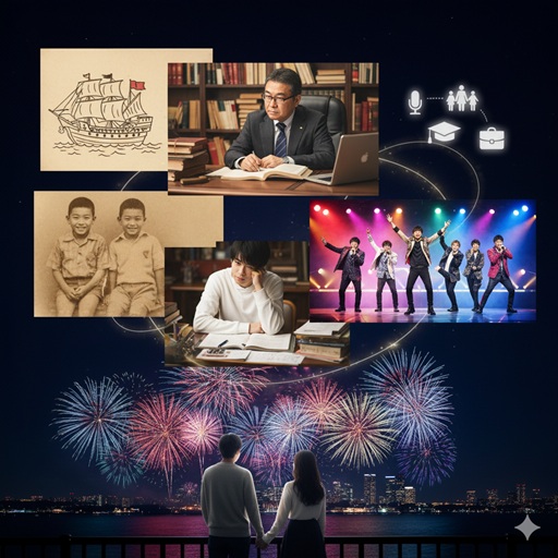 村上信五さんの経歴と家族背景をテーマにしたイメージ画像。村上水軍の船、弁護士、兄弟の写真、アイドル活動の様子などが組み合わされている。