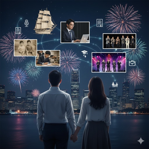 村上信五さんの結婚と今後の活動をまとめたイメージ画像。夜景と花火を眺めるカップルの上部に、アイドル活動や村上水軍、学歴など記事全体の要点を象徴する写真がコラージュされている。