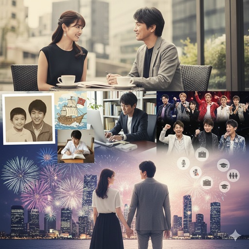 村上信五さんの結婚相手のプロフィールを象徴するイメージ画像。カフェで談笑するカップルや、村上さんの経歴を示す複数の写真がコラージュされている。