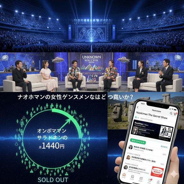 ナオキマンショーのイベント会場の様子、討論番組、オンラインサロンの月額料金と会員数の概念図、スマホでオンラインサロンページを見る手元