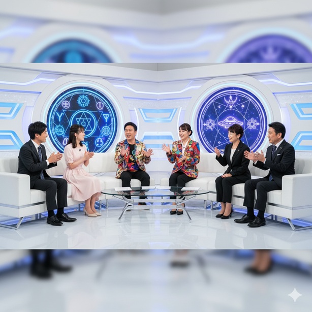 テレビ番組のスタジオでナオキマンと女性ゲストが討論している様子