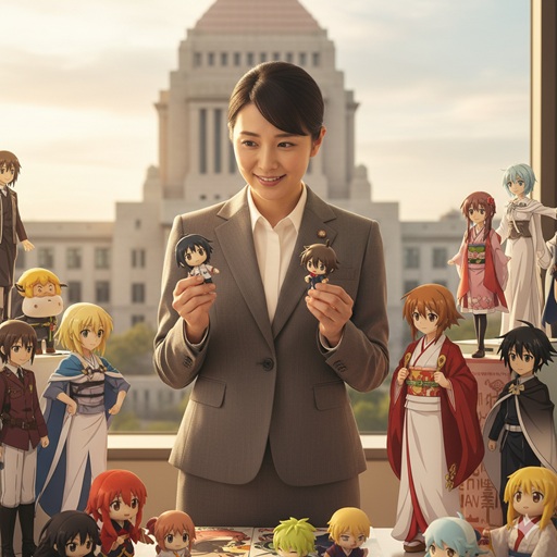 スーツ姿の女性が国会議事堂を背景にアニメのフィギュアを手にしているイメージ画像