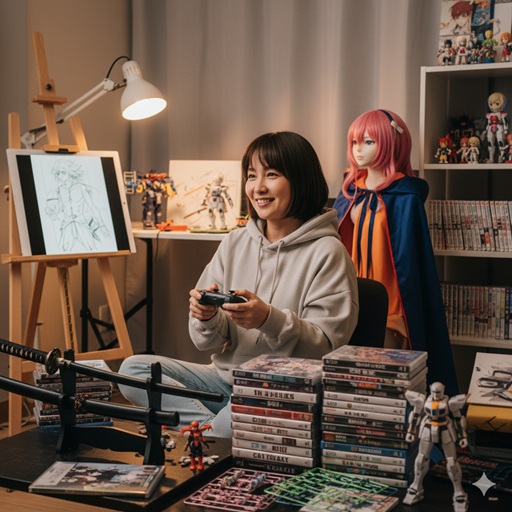 アニメやゲームのグッズに囲まれた部屋でゲームを楽しむ女性のイメージ画像