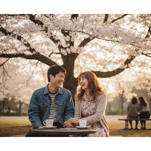 国分太一さんとaikoさんの過去の交際をイメージした、桜の下で笑い合うカップル