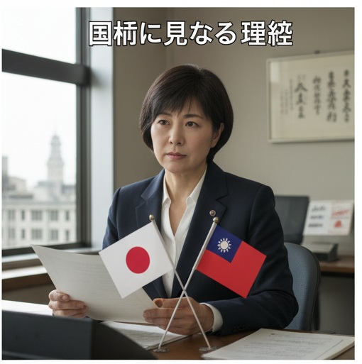 机に日本と台湾の国旗を置き、書類を確認する蓮舫さんのイメージ画像