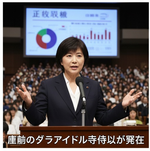 満員の聴衆の前で力強く演説する蓮舫さんのイメージ画像