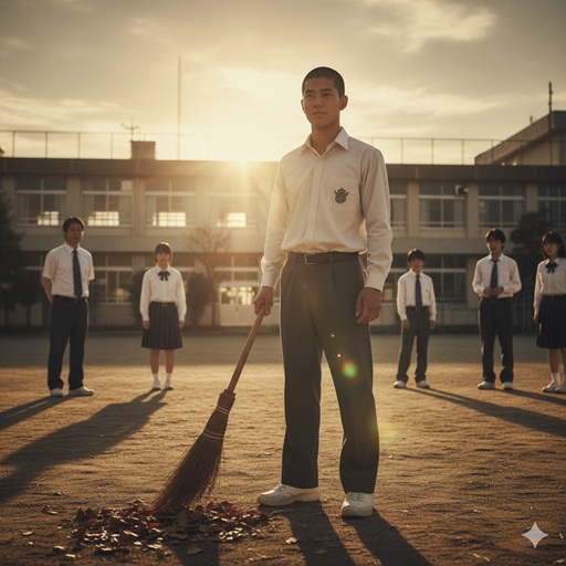 夕暮れの校庭で罰として掃除（奉仕活動）をする男子生徒のイメージ