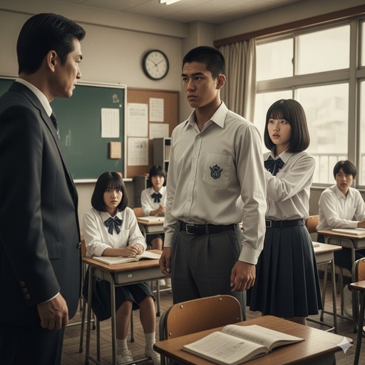 教室で先生と男子生徒が対立しているイメージ