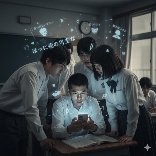 教室でスマートフォンを囲み噂話をする高校生たちのイメージ