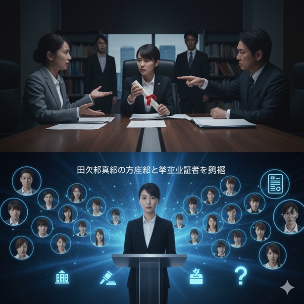 会議室で卒業証書をめぐり議論する人々と、ネットワークの中心で演説する女性。田久保市長の経歴に関する問題を表現したイメージ画像。