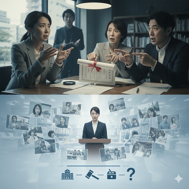 田久保真紀市長の問題について、会議室で議論する人々と、多くの写真に囲まれながら演説する女性を描いたイメージ画像。