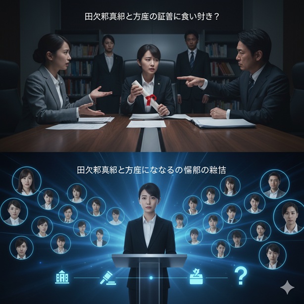 会議室で議論する人々と、ネットワークで繋がった人々の中心で演説する女性。田久保市長と証言者たちの関係性を示唆するイメージ画像。