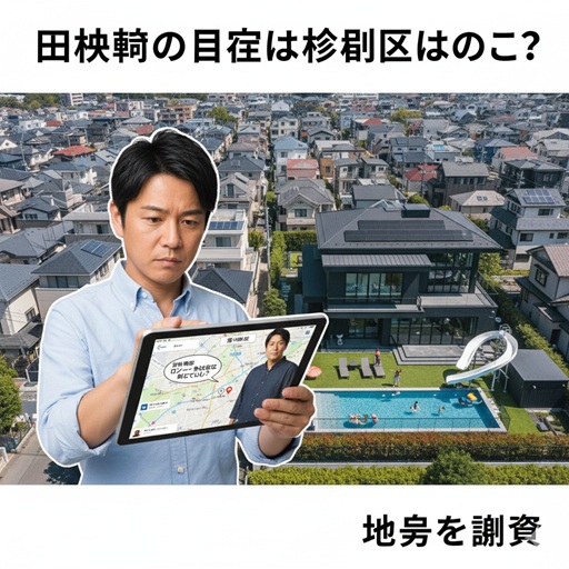 タブレットで田村淳さんの自宅の場所を調べる男性と杉並区荻窪の豪邸のイメージ