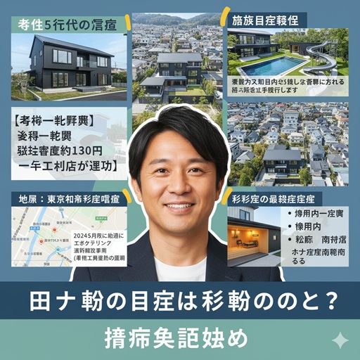 田村淳さんの杉並区荻窪にある自宅豪邸の情報をまとめたインフォグラフィック画像(一条工務店、敷地面積、中庭、サウナなど)