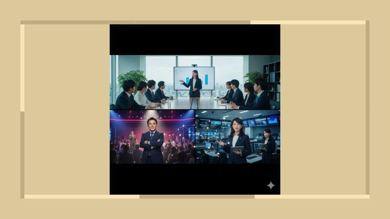 様々な情報発信の場面を組み合わせたコラージュ画像。会議室でのプレゼンテーション、大観衆の前でのスピーチ、ニューススタジオで原稿を読むキャスターが写し出されている。