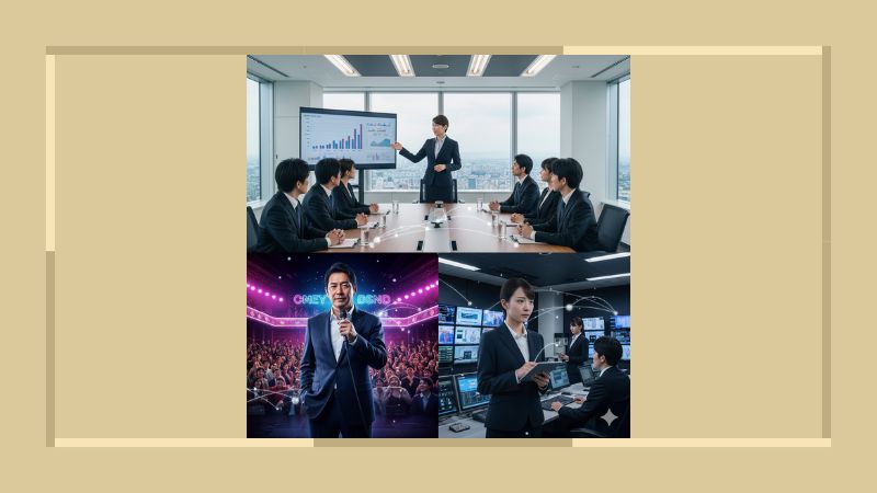様々な情報発信の場面を組み合わせたコラージュ画像。会議室でのプレゼンテーション、大観衆の前でのスピーチ、ニューススタジオで原稿を読むキャスターが写し出されている。