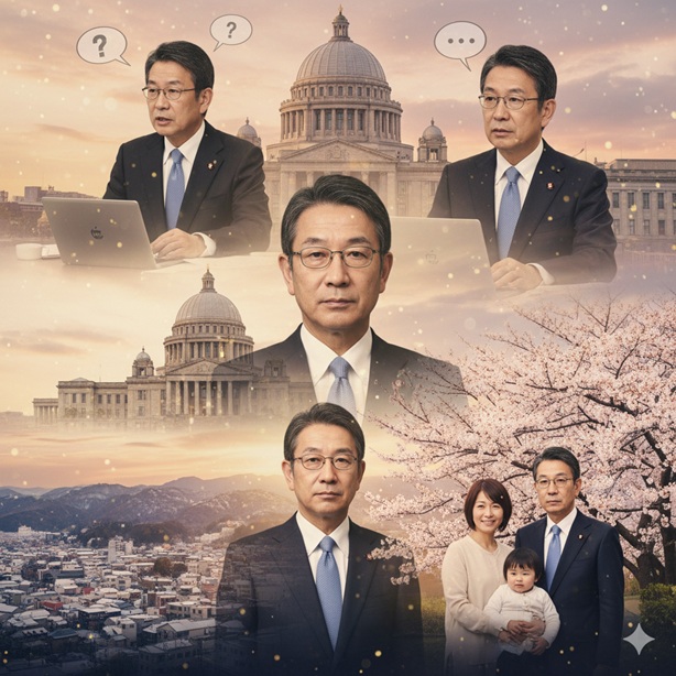 米山隆一氏に関する様々な情報をイメージしたコラージュ画像。議論する姿、政治家としての肖像、室井佑月夫人と子供との家族写真などが組み合わされている。