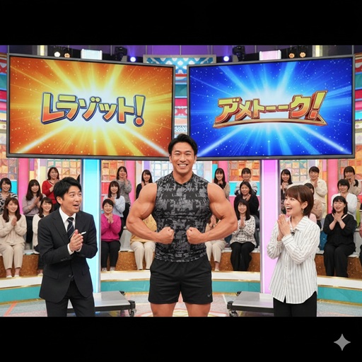 テレビ番組「ラヴィット！」と「アメトーーク！」のスタジオで、力こぶを見せる筋肉隆々の日本人男性芸人。隣には、驚きと笑顔で拍手をする日本人男性司会者と日本人女性アナウンサー。