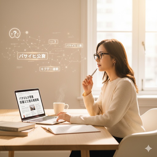 自宅でノートパソコンを開き、妹尾ユウカのコラムを読みながら考える日本人の女性。「バツイチ公表」というキーワードが浮かんでいる。