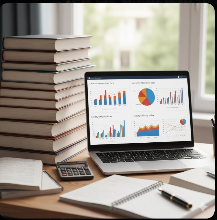 積み上げられた教科書とノートパソコンが置かれたデスク、大学受験レベルの高度な学習環境のイメージ