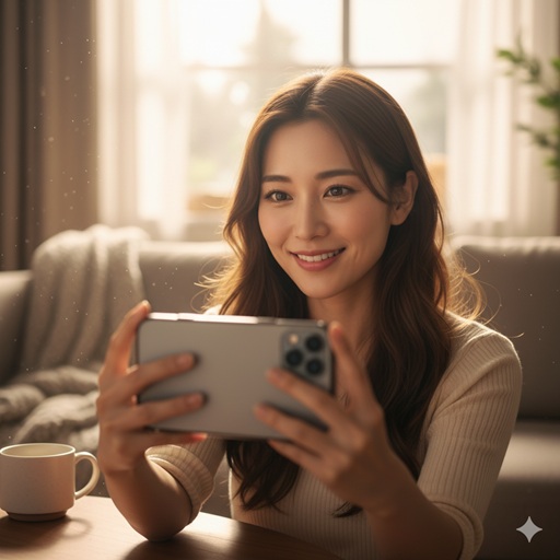 視聴者に向けてスマートフォンで語りかける、優しく包容力のある笑顔のえみ姉風日本人女性インフルエンサ