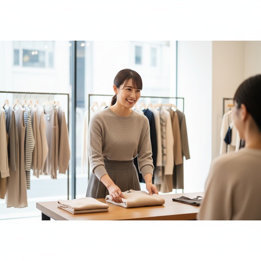 アパレルショップの店長として、洗練された店内で笑顔で接客や洋服の整理をしている日本人女性